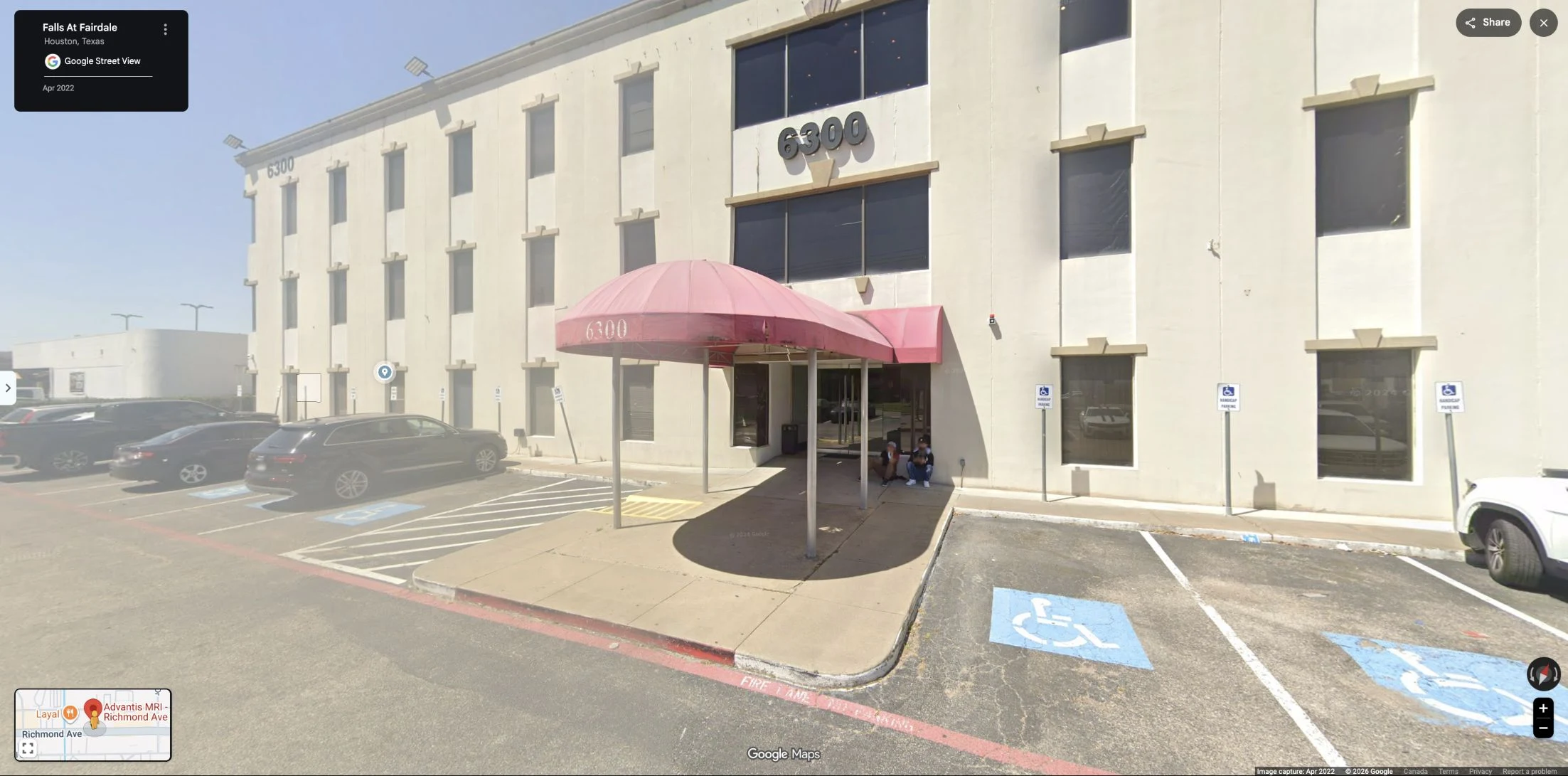 Street View of the 6300 Richmond Avenue building and entrance canopy, captured April 2022